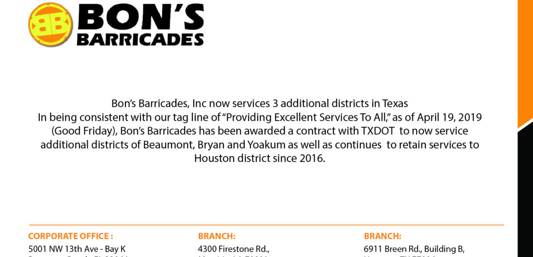Bon’s Barricades, Inc now Services 3 additional districts in Texas