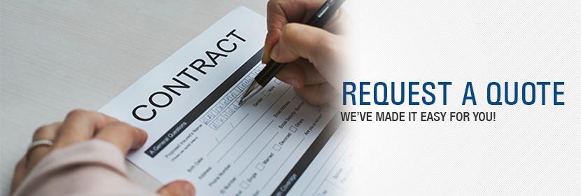Image of a person filling out a contract overlaid with graphic texts that says “Request a Quote”