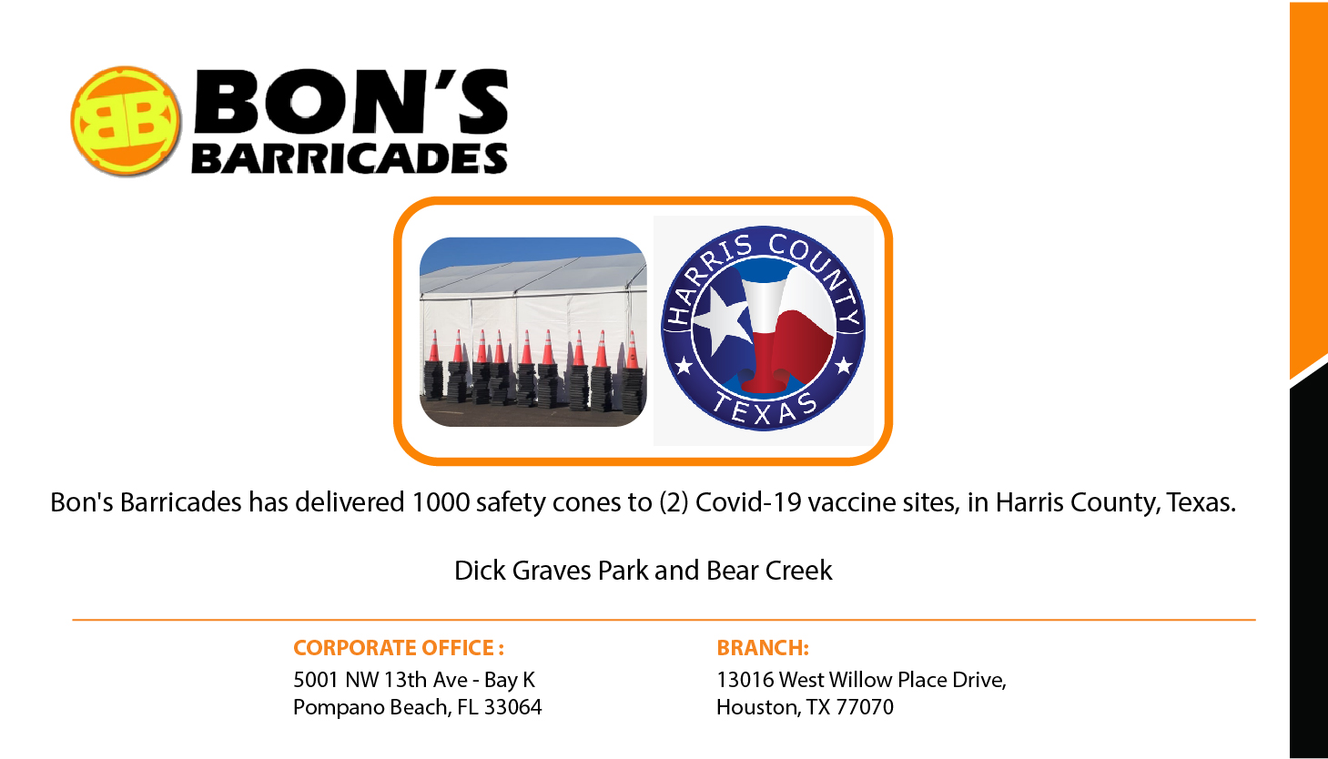 Post about how Bon’s Barricades delivered 1,000 safety cones to two COVID-19 vaccination sites in Harris County, Texas